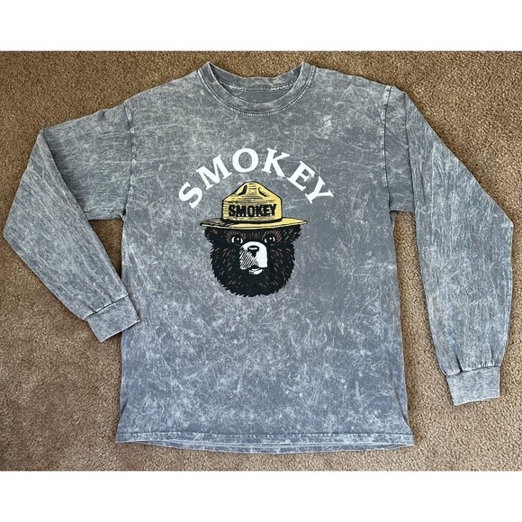 Smokey Bear Long Sleeve T-Shirt Men’s M Gray Acid Wash Official License Vintage - Picture 2 of 7